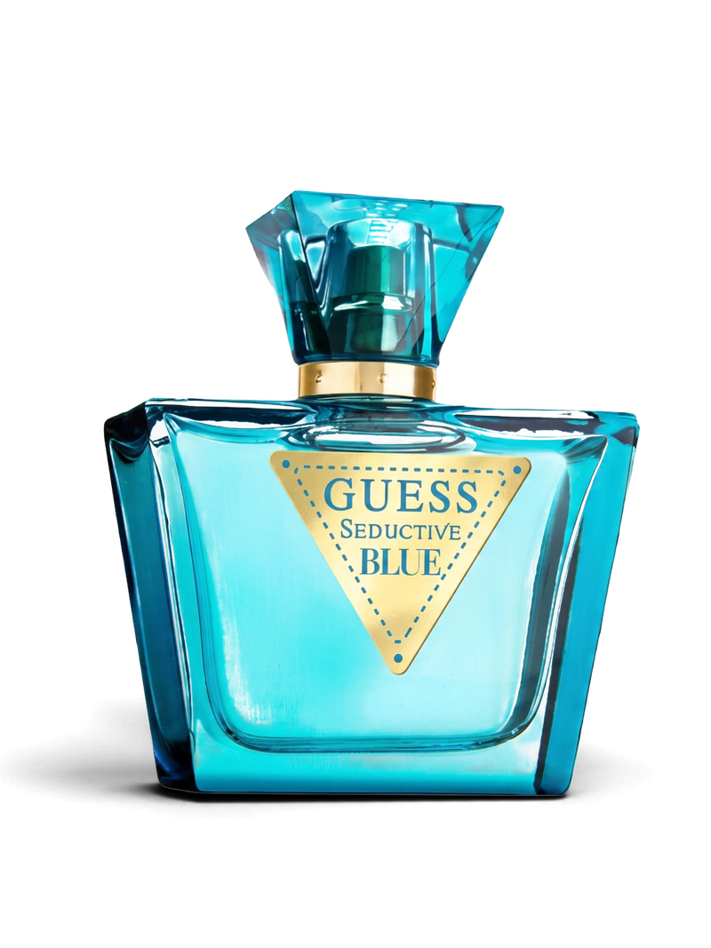euaden GUESS Seductive Blue Femme 75 ml kadın parfümü, şık mavi cam şişesi ve altın detaylı üçgen logosu ile.