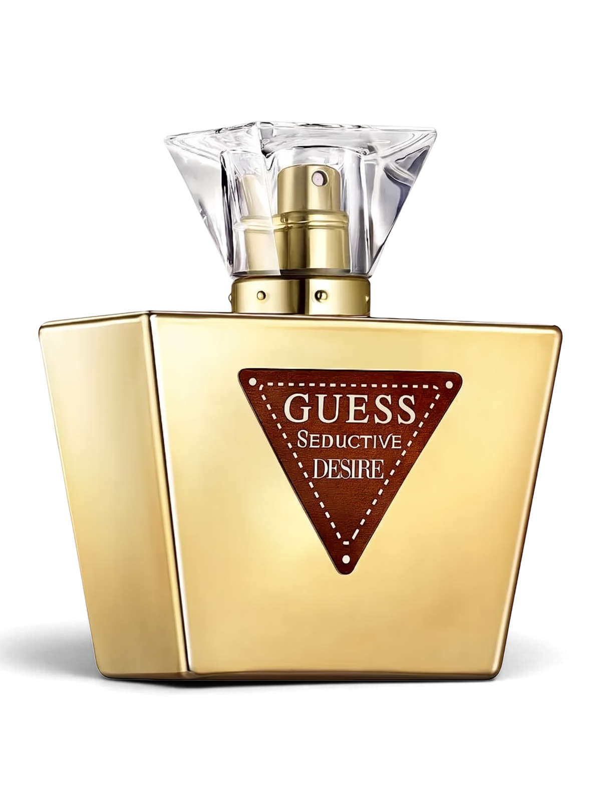 euaden Guess Seductive Desire kadın parfümü, altın renkli şık şişesi ve ikonik üçgen logolu tasarımıyla 75 ml EDT