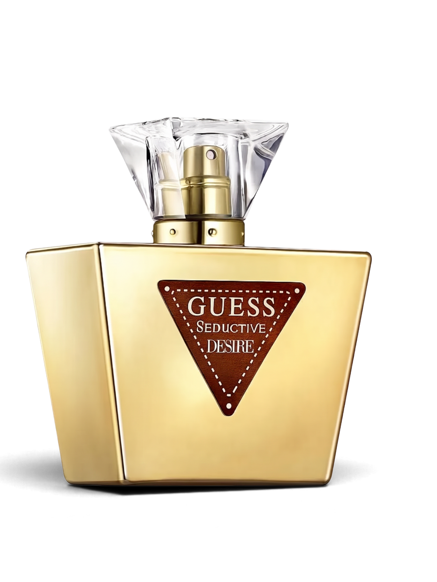 euaden Guess Seductive Desire kadın parfümü, altın renkli şık şişesi ve ikonik üçgen logolu tasarımıyla 75 ml EDT