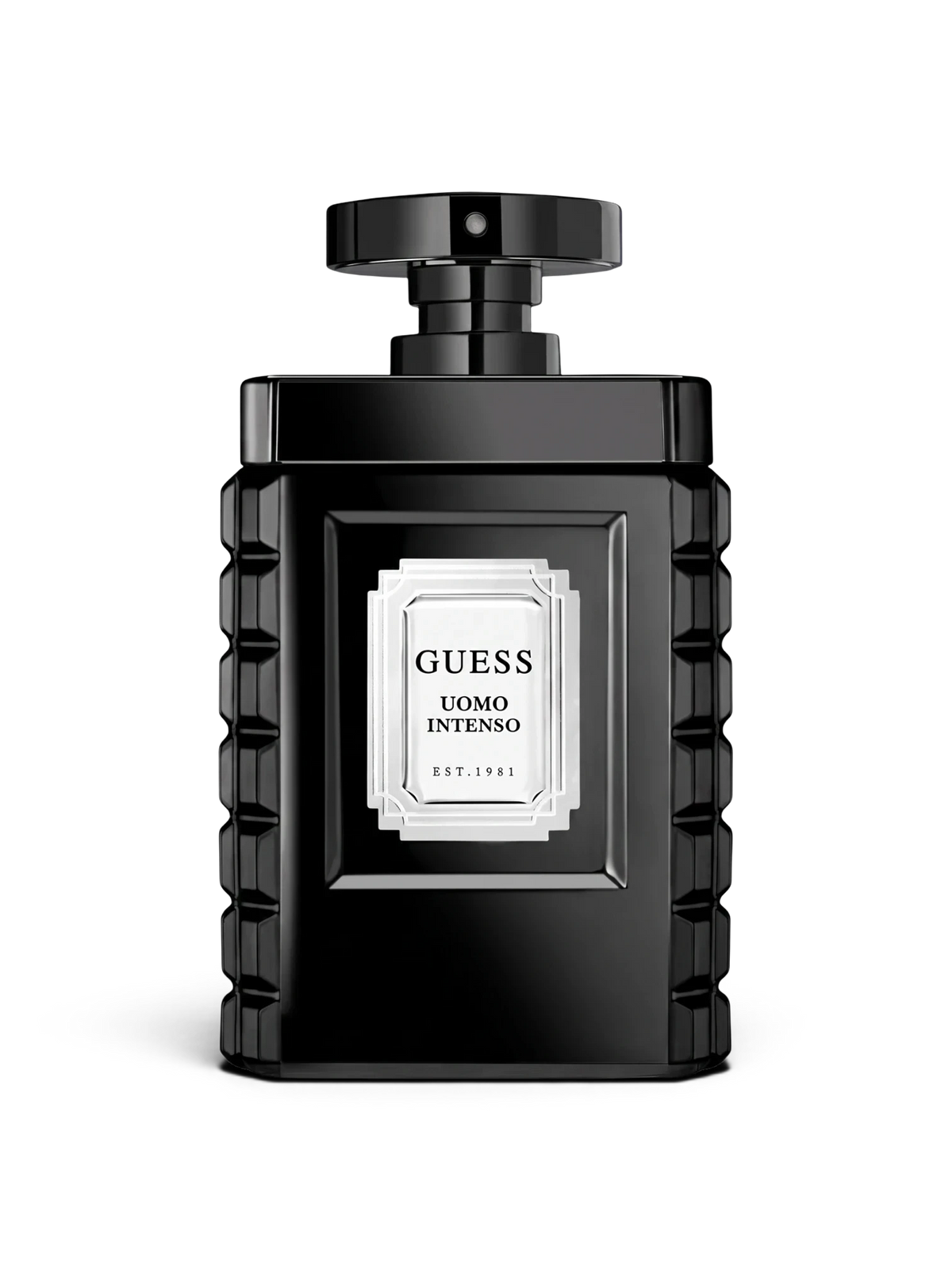 euaden GUESS Uomo Intenso 100 ml erkek parfümü, şık siyah cam şişesi ve gümüş detaylı etiketiyle lüks bir tasarım.