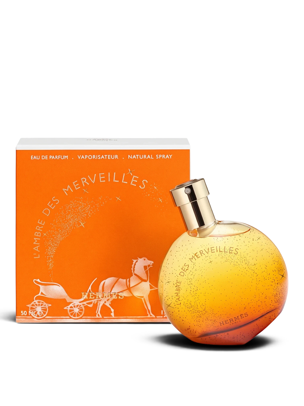 euaden Hermès L'Ambre des Merveilles unisex parfüm, kehribar tonlarında yuvarlak cam şişe ve turuncu kutusu ile