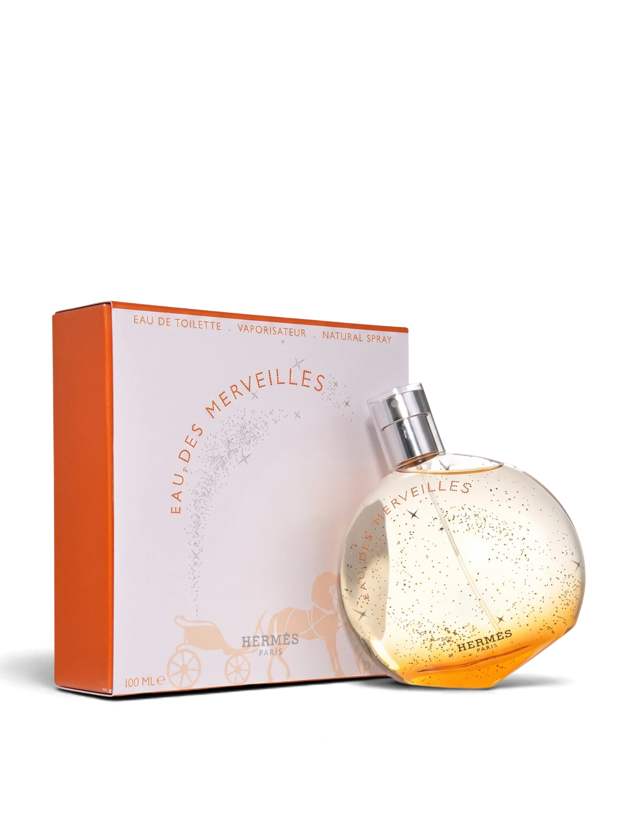 euaden HERMÈS Eau des Merveilles 100 ml EDT parfüm, üzerinde yıldız desenleri olan ikonik yuvarlak cam şişesi ve kutusu