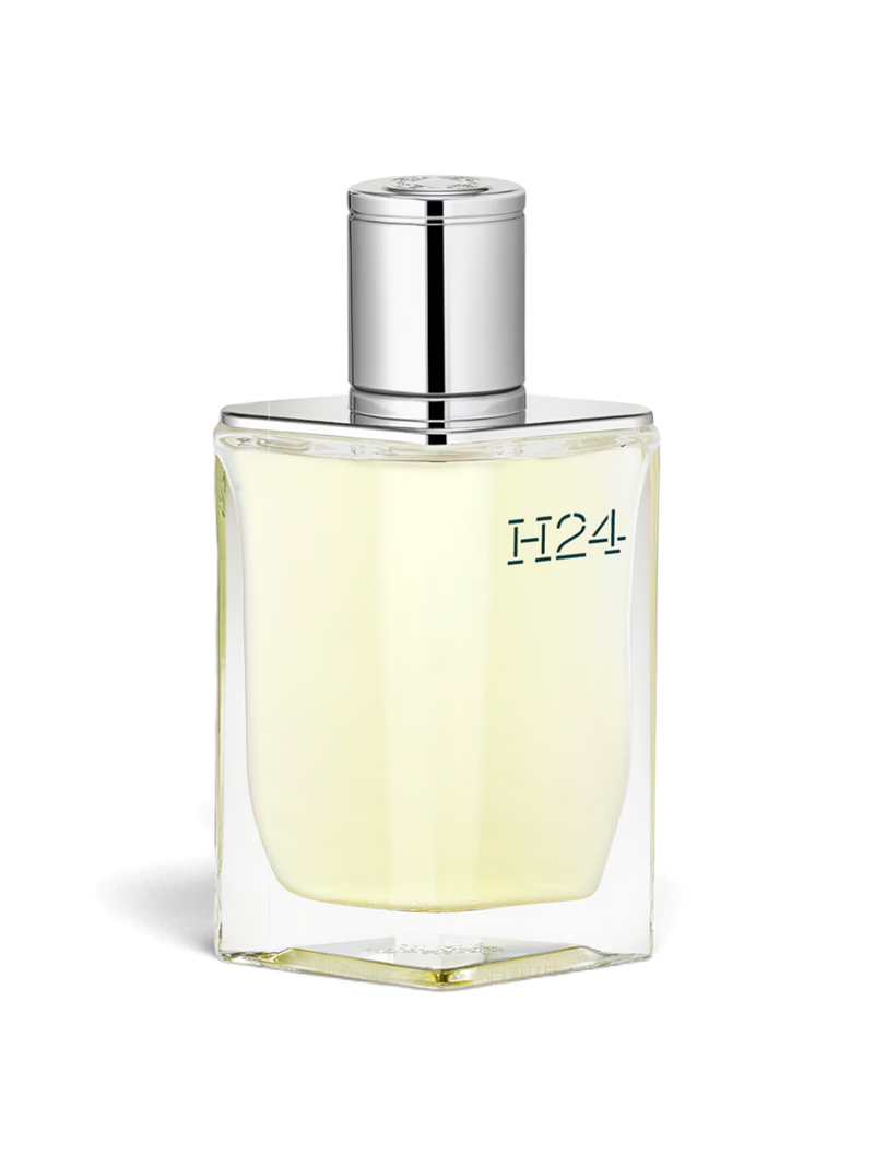 Euaden Hermès H24 erkek parfümü, şeffaf cam şişede açık sarı renkli aromatik ve botanik kokulu EDT