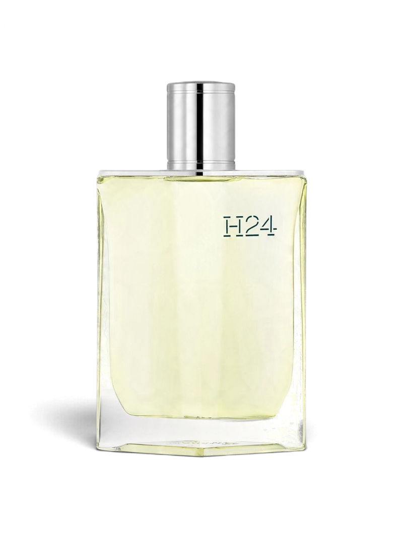 Euaden Hermès H24 erkek parfümü, şeffaf cam şişede açık sarı renkli aromatik ve botanik kokulu EDT