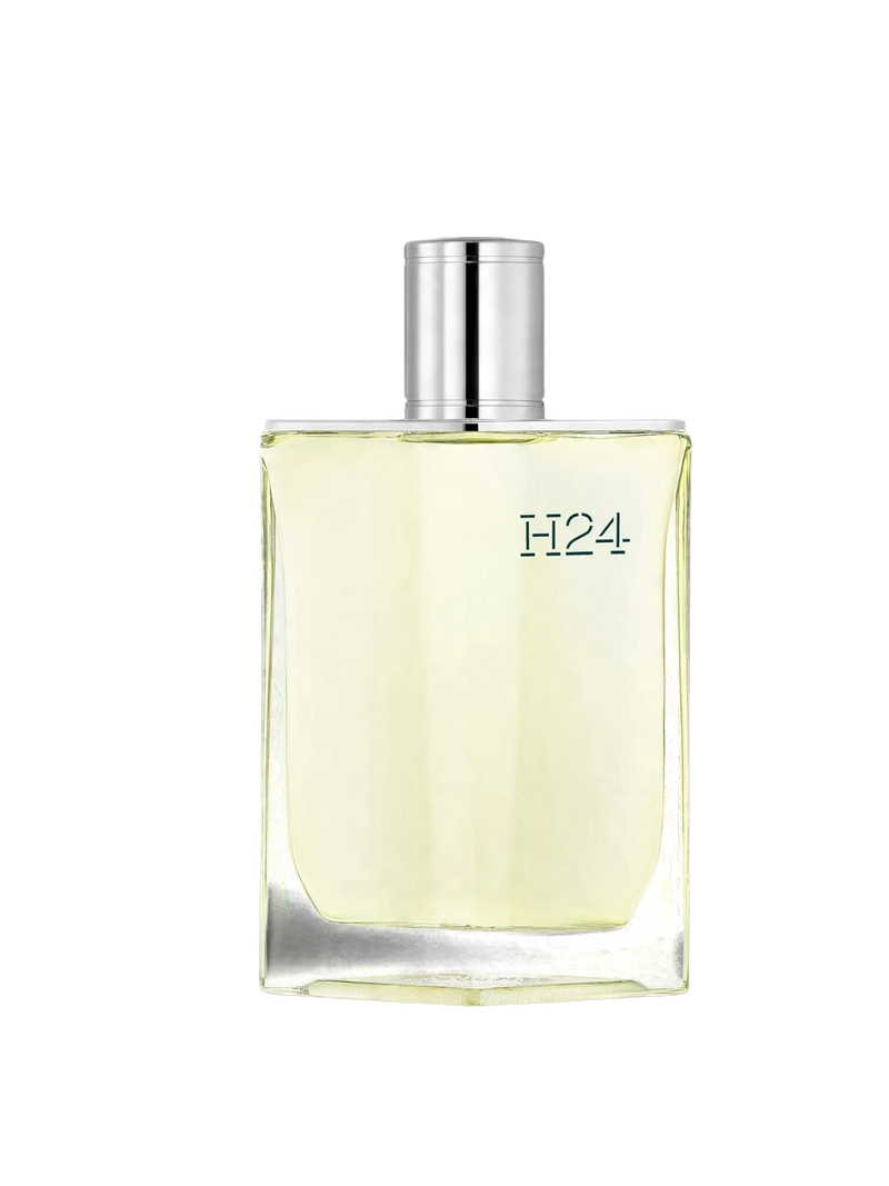 euaden HERMÈS H24 erkek parfümü, şeffaf cam şişede açık sarı renkli aromatik ve botanik kokulu EDT