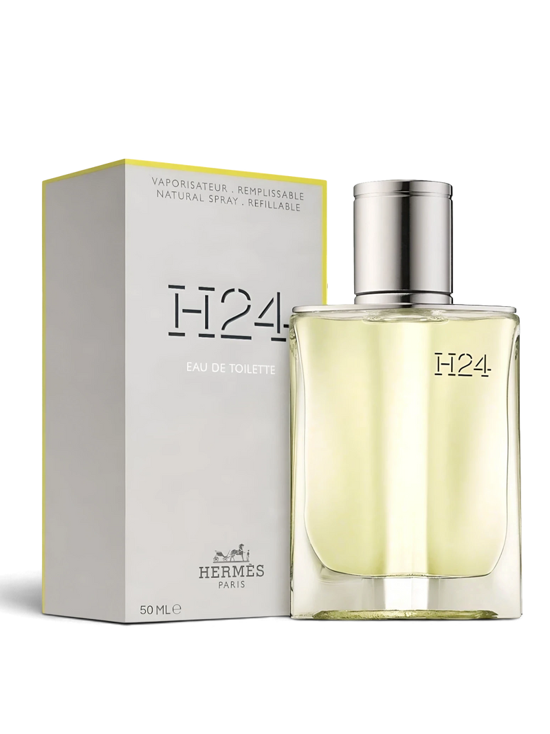 euaden Hermès H24 erkek parfümü, şık cam şişesi ve gri kutusuyla ışıltılı ve botanik aromatik bir koku deneyimi sunuyor.