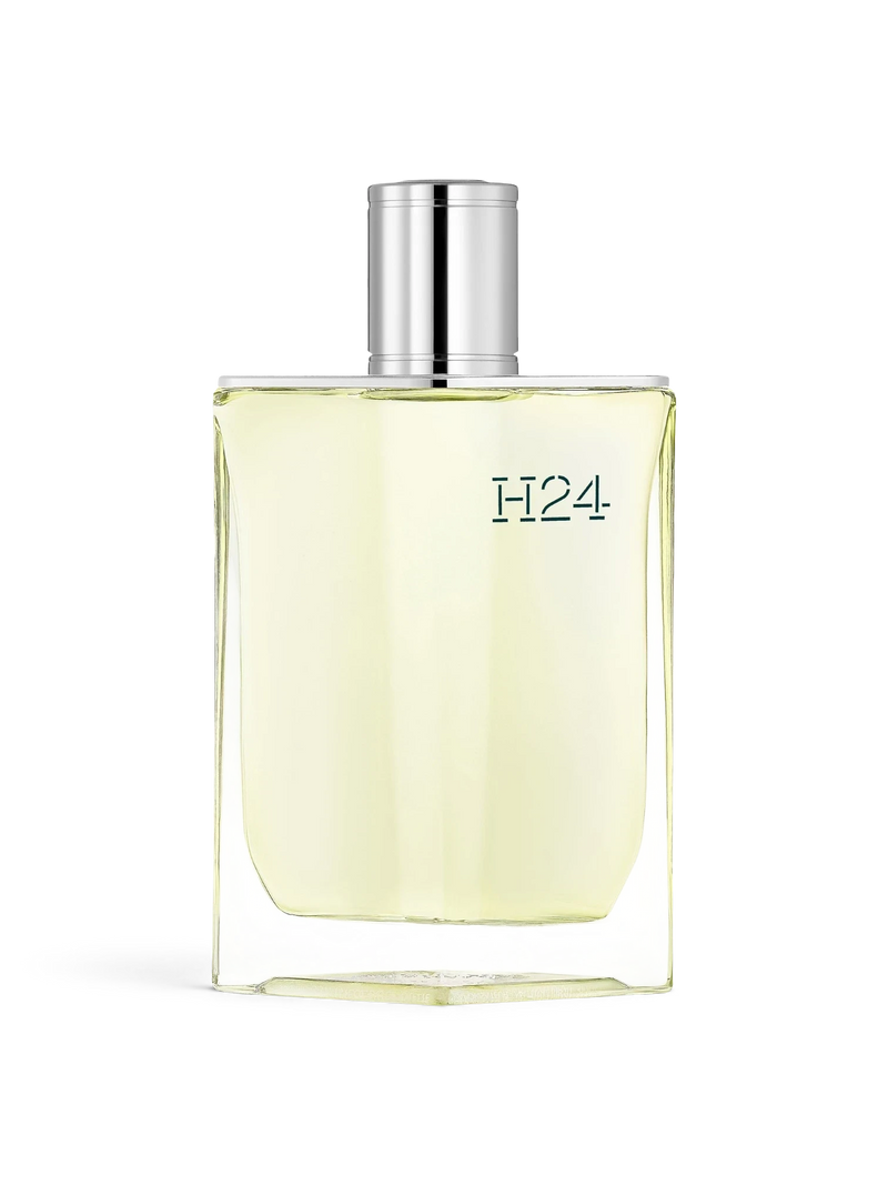 euaden HERMÈS H24 erkek parfümü, şeffaf cam şişede açık sarı renkli aromatik ve botanik kokulu EDT