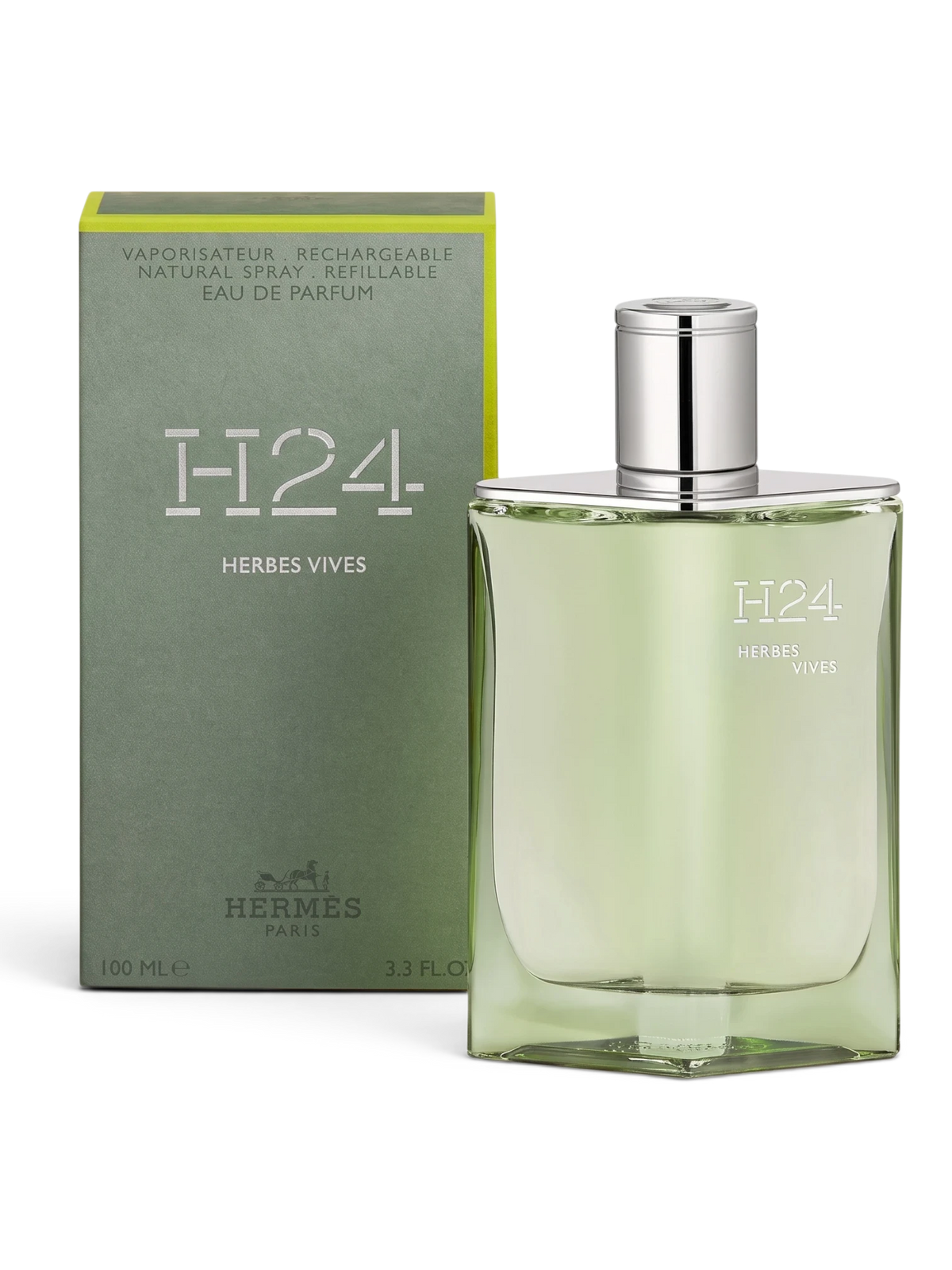 euaden tarafından sunulan, yeşil tonlu cam şişesi ve kutusuyla HERMÈS H24 Herbes Vives 100 ml erkek parfümü