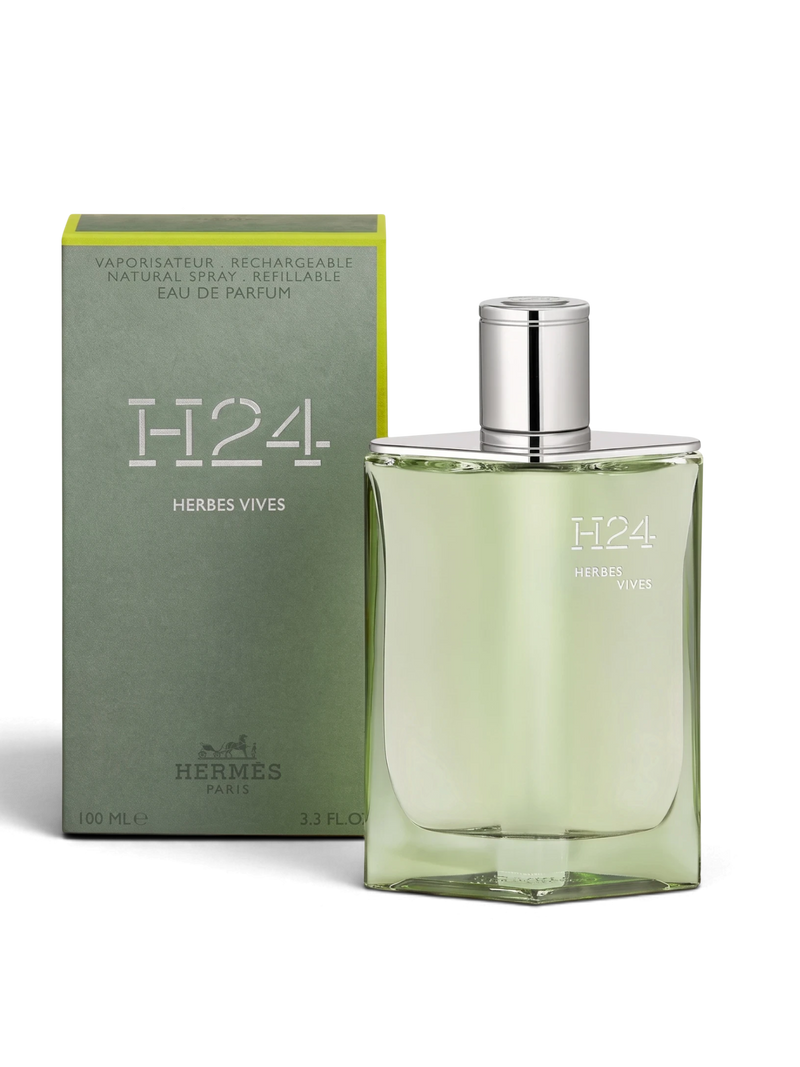 euaden tarafından sunulan, yeşil tonlu cam şişesi ve kutusuyla HERMÈS H24 Herbes Vives 100 ml erkek parfümü