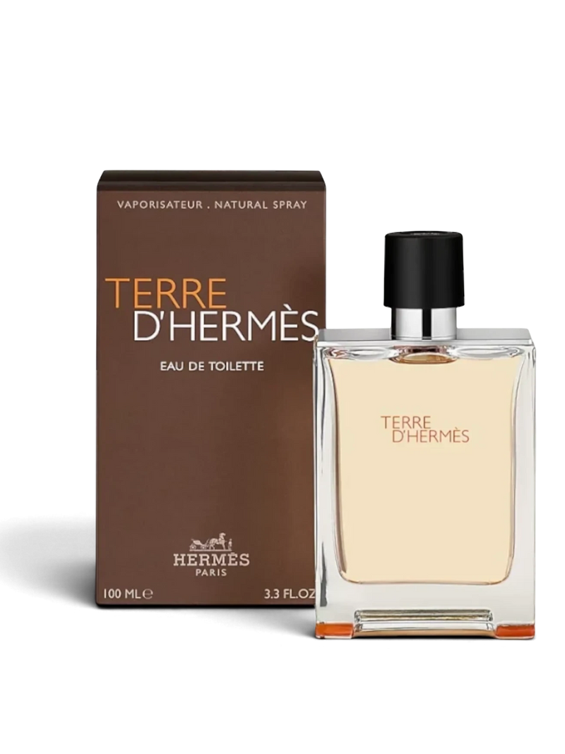 euaden Hermès Terre d'Hermès erkek parfümü, şık cam şişesi ve kahverengi kutusu ile odunsu ve mineral notalara sahip.