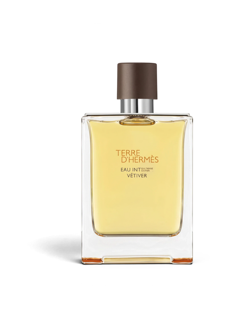 euaden tarafından sunulan, şeffaf cam şişeli ve kahverengi kapaklı Hermès Terre d'Hermès Eau Intense Vétiver erkek parfümü