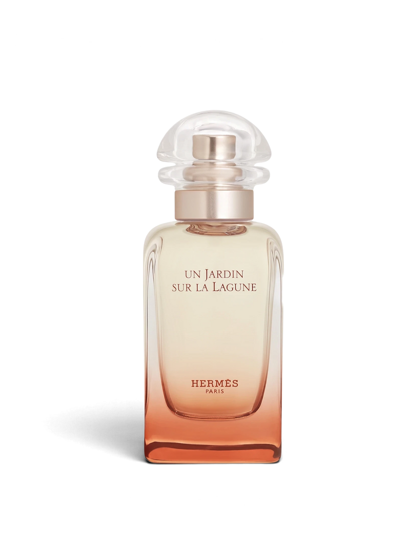 euaden Hermès Un Jardin Sur La Lagune unisex parfüm, şeffaf cam şişesi ve zarif turuncu degrade tasarımıyla