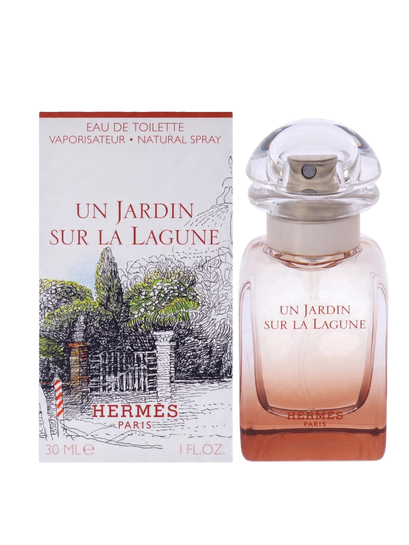 euaden HERMÈS Un Jardin Sur La Lagune unisex parfüm, şık cam şişesi ve Venedik bahçesi temalı kutusuyla sunuluyor.