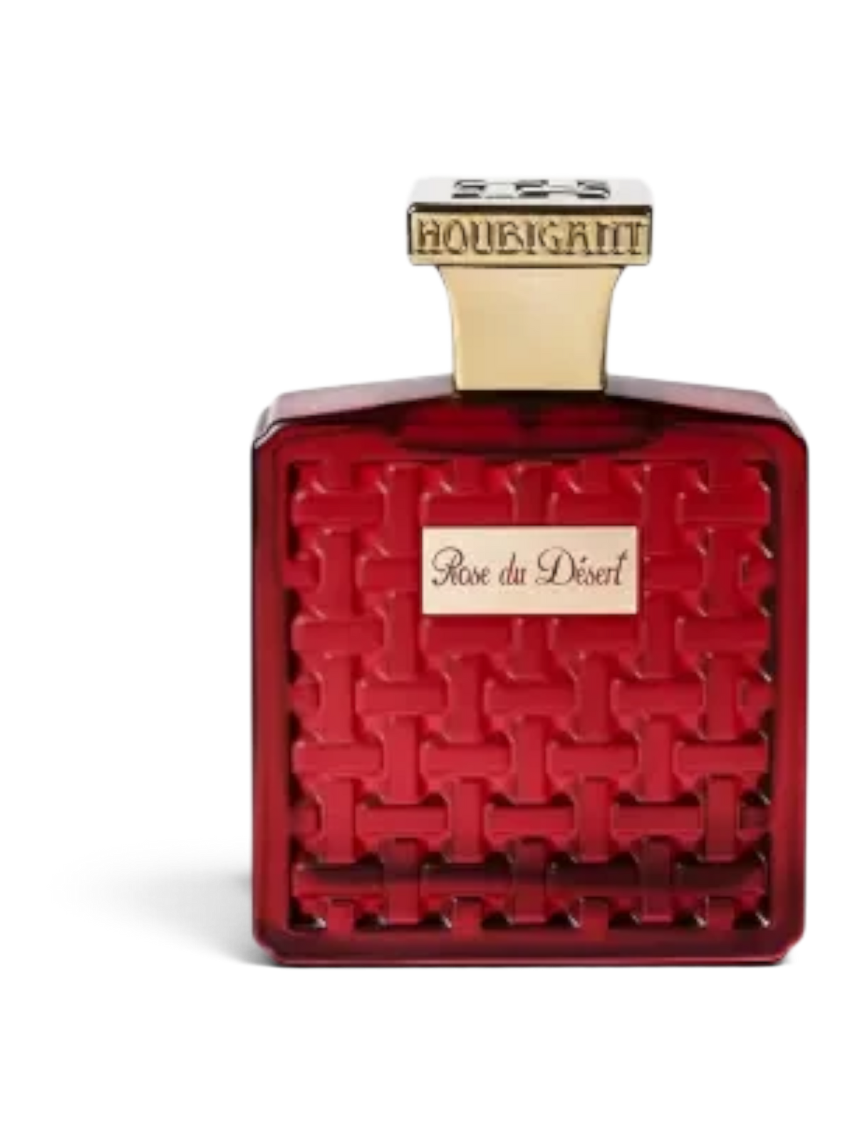 euaden Houbigant Rose Du Desert unisex parfüm, dokulu kırmızı cam şişesi ve altın rengi kapak detaylarıyla