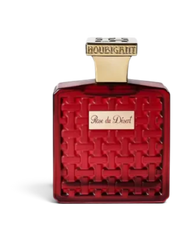 euaden Houbigant Rose Du Desert unisex parfüm, dokulu kırmızı cam şişesi ve altın rengi kapak detaylarıyla