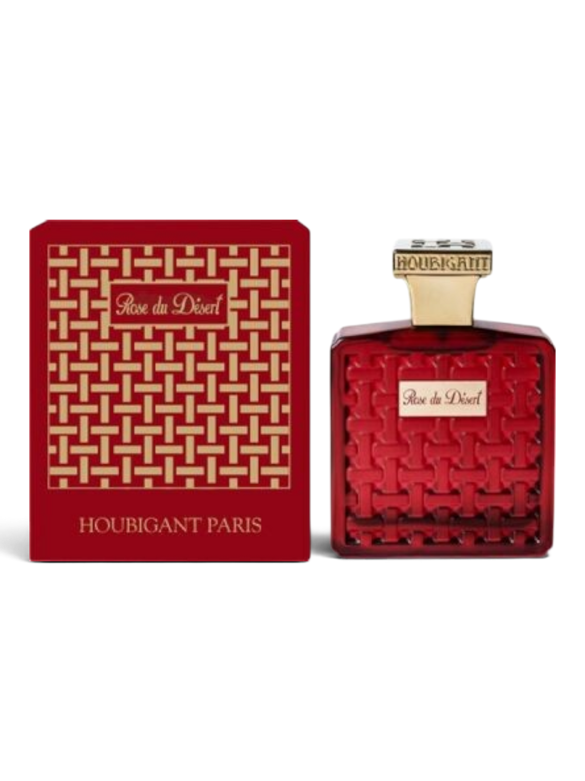 euaden HOUBIGANT Rose Du Desert unisex parfum extreme, altın detaylı kırmızı desenli şişe ve kutusu