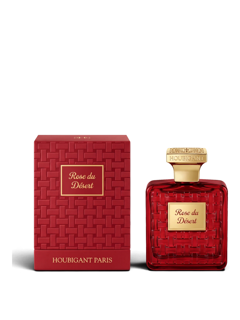 euaden HOUBIGANT Rose Du Desert unisex parfüm, kırmızı dokulu şişesi ve altın detaylı kapağı ile lüks kutusunda.
