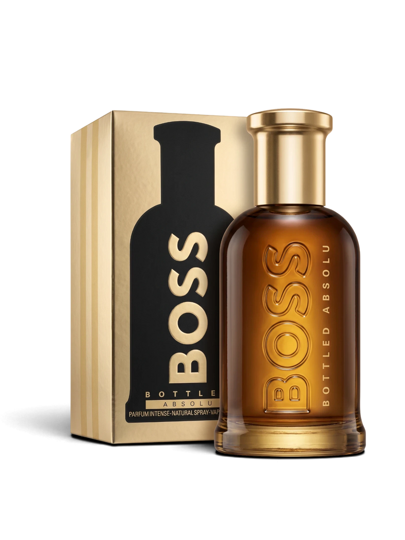 euaden HUGO BOSS Boss Bottled Absolu Parfum Intense erkek parfümü, altın rengi kutusu ve kehribar cam şişesiyle