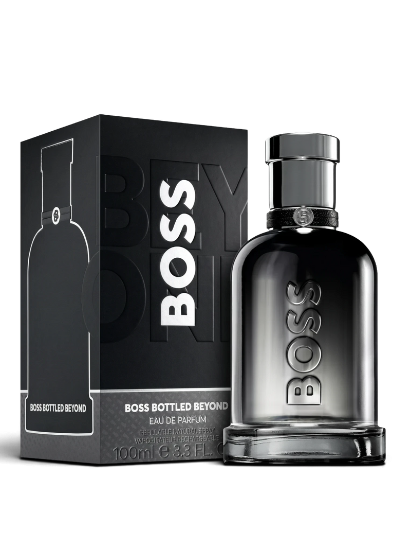 euaden HUGO BOSS Boss Bottled Beyond erkek parfümü, şık siyah cam şişesi ve özel kutusu ile modern odunsu koku.