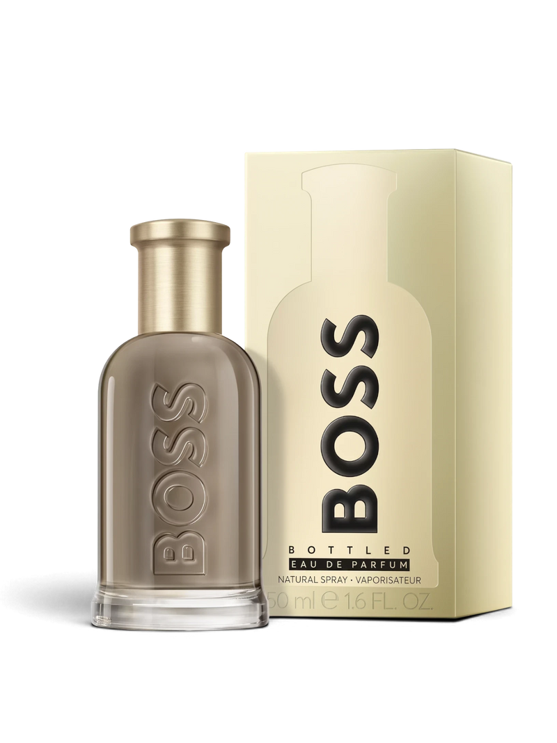 euaden HUGO BOSS Boss Bottled EDP erkek parfümü, şık cam şişesi ve bej renkli kutusu ile modern ve maskülen tasarım.