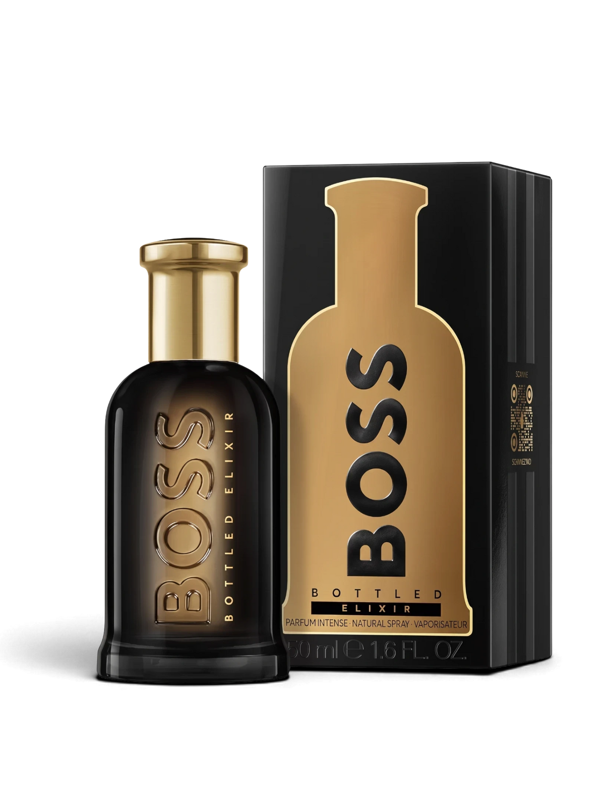 euaden HUGO BOSS Boss Bottled Elixir erkek parfümü, siyah ve altın renkli şık cam şişe ve kutu tasarımı