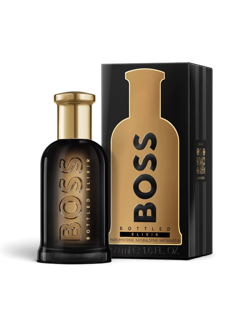 euaden HUGO BOSS Boss Bottled Elixir erkek parfümü, siyah ve altın renkli şık cam şişe ve kutu tasarımı