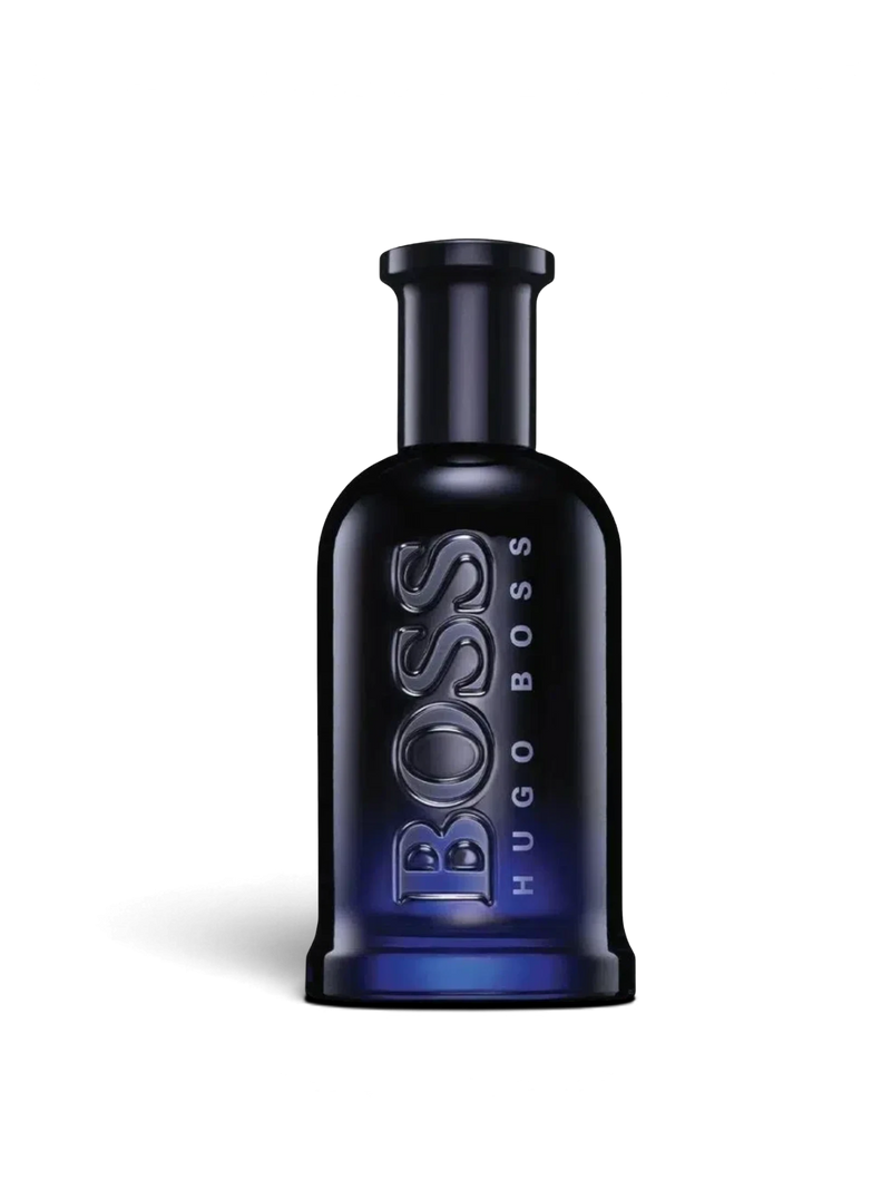 euaden HUGO BOSS Boss Bottled Night erkek parfümü, koyu lacivert cam şişesiyle modern ve maskülen bir tasarım.
