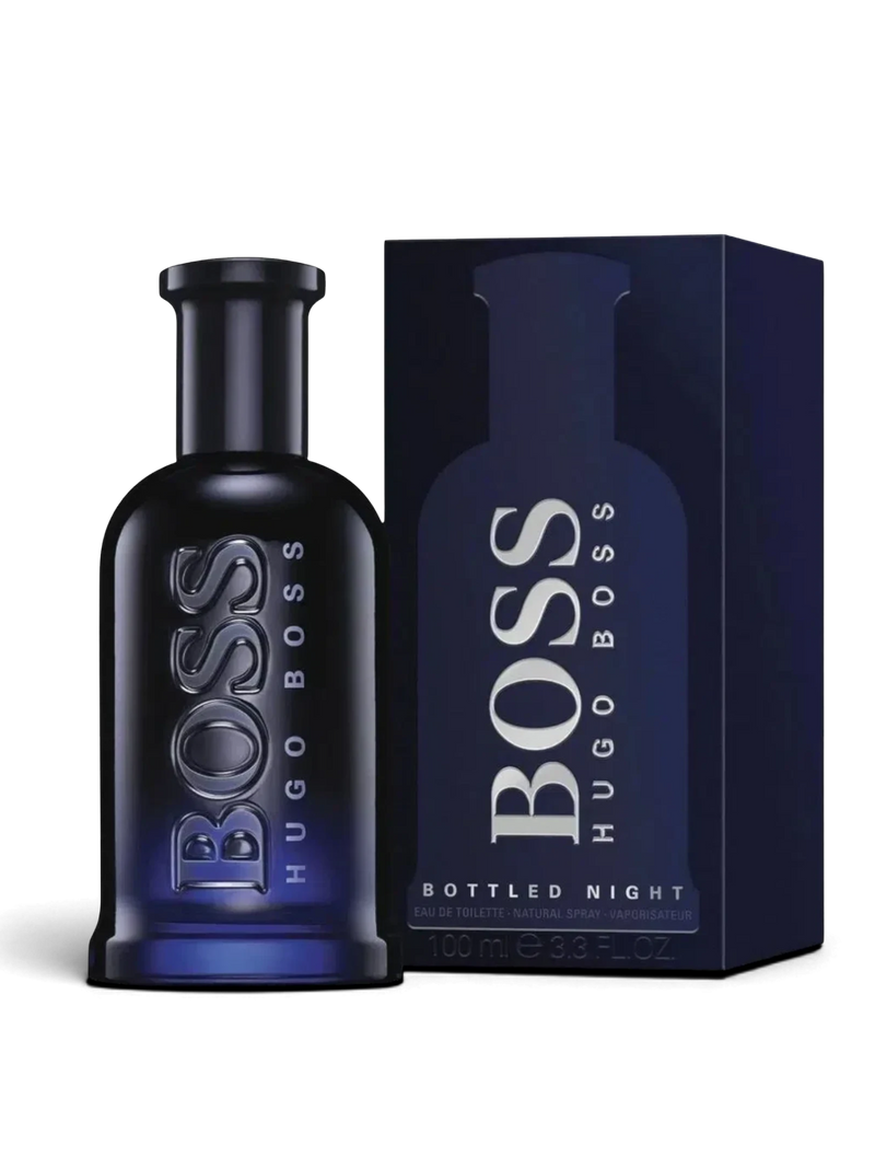 euaden HUGO BOSS Boss Bottled Night erkek parfümü, koyu lacivert cam şişesi ve şık kutusuyla odunsu aromatik koku