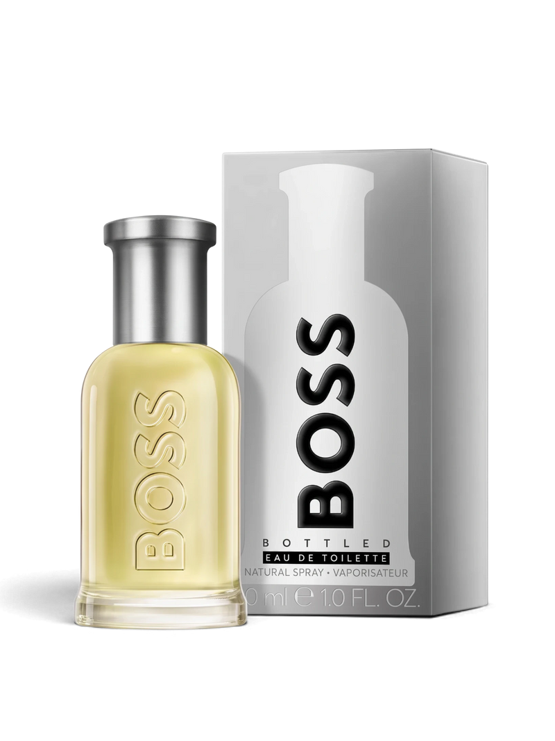 euaden HUGO BOSS Boss Bottled erkek parfümü, gümüş kutusu ve şık cam şişesiyle ikonik odunsu koku tasarımı