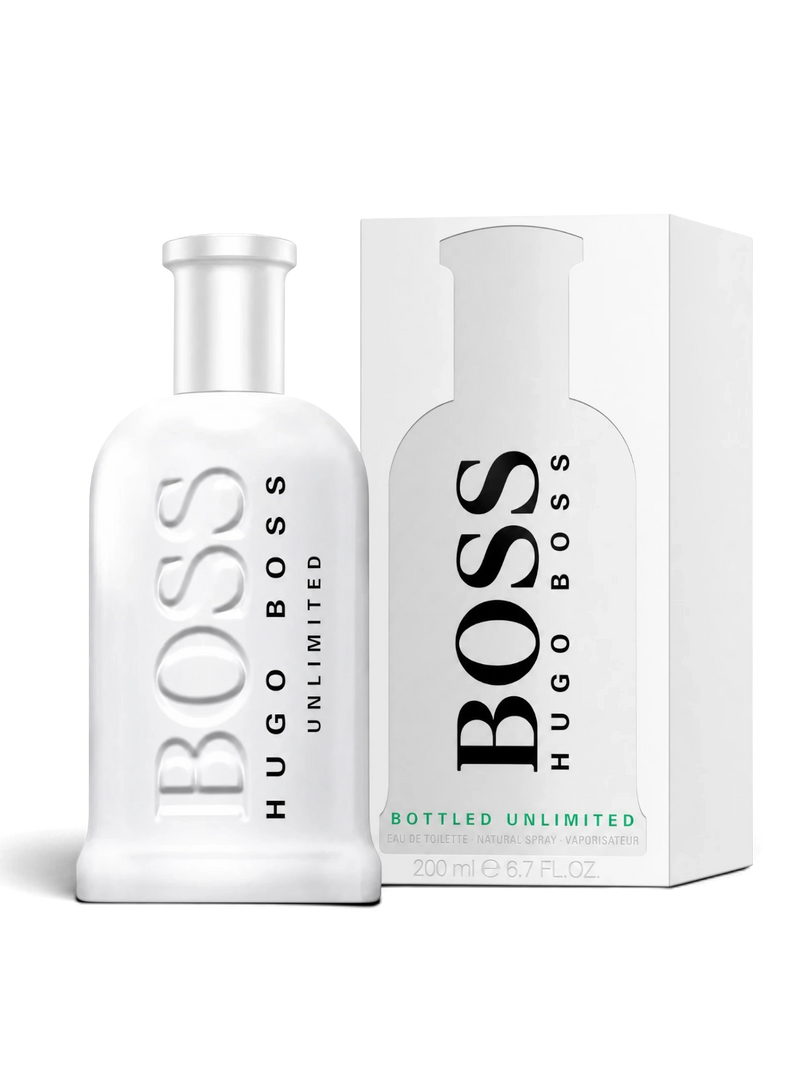 euaden HUGO BOSS Boss Bottled Unlimited erkek parfümü, beyaz şişe ve kutu tasarımı ile ferah odunsu koku
