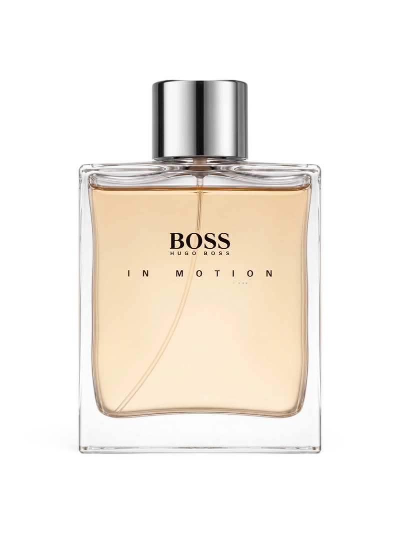 euaden HUGO BOSS Boss in Motion erkek parfümü, 100 ml şık cam şişe tasarımı ve kehribar renkli parfüm içeriği