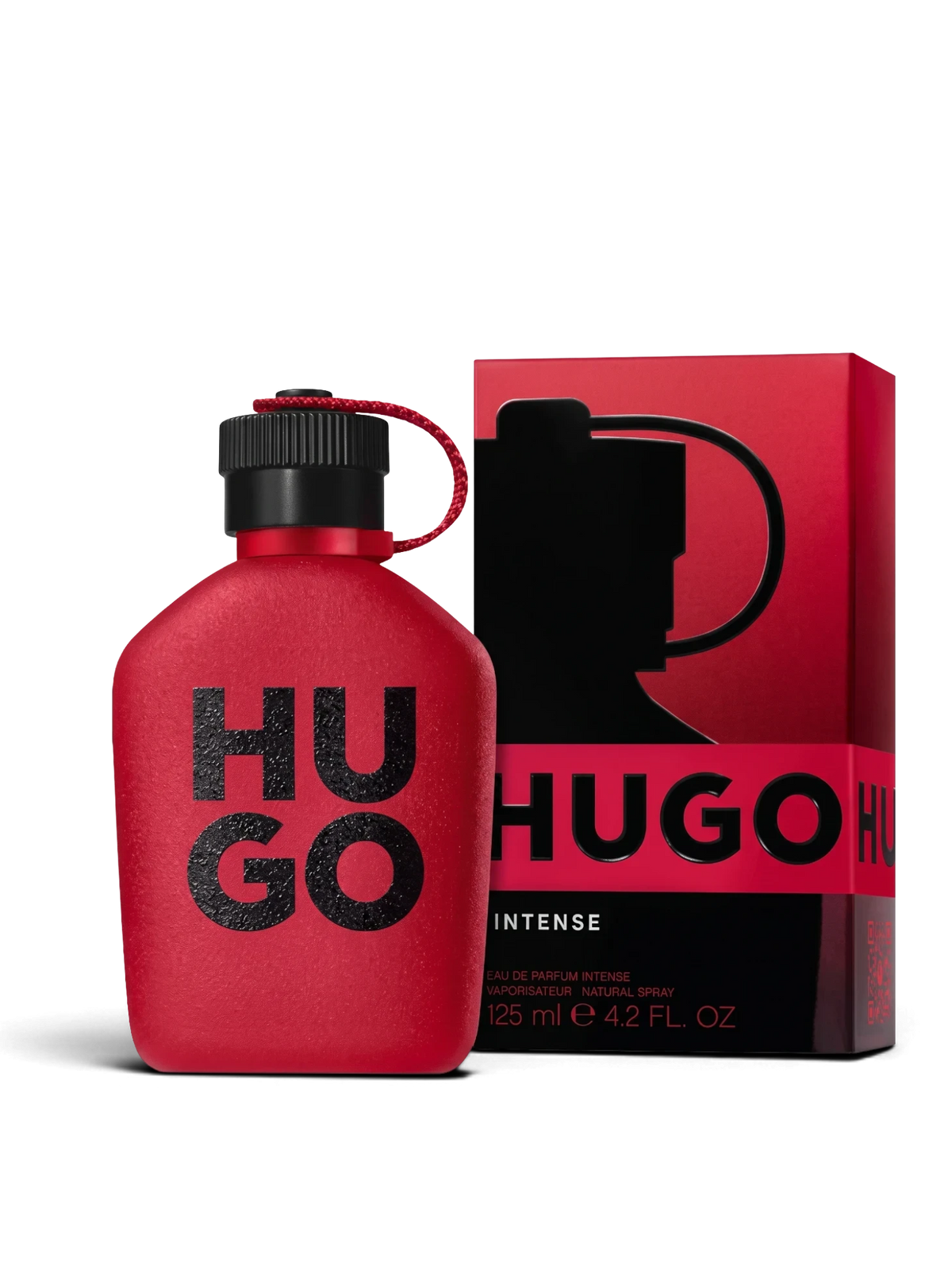 euaden HUGO BOSS Hugo Intense Parfum erkek parfümü, kırmızı şişe tasarımı ve siyah detaylarıyla dikkat çekiyor.