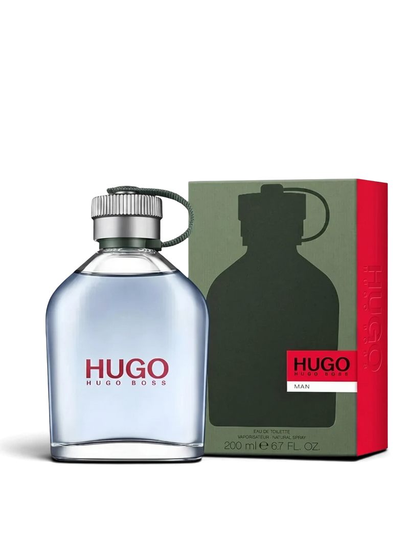 euaden Hugo Boss Hugo Man EDT erkek parfümü, ikonik matara şişesi ve yeşil kırmızı kutusu ile