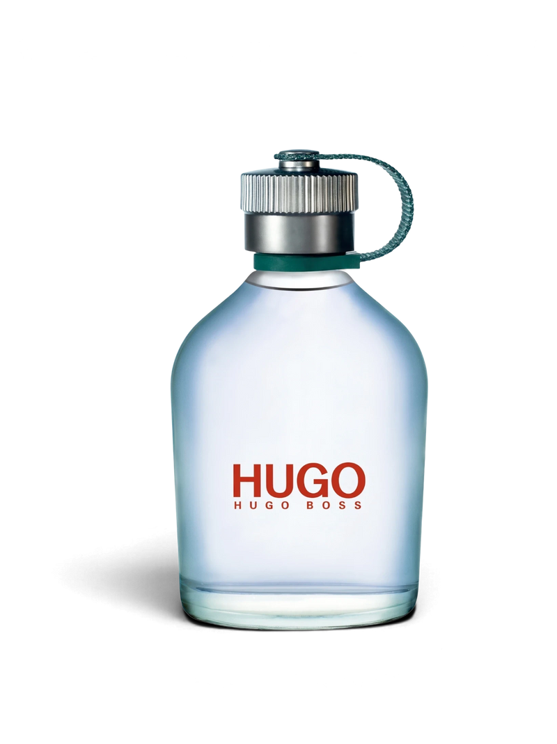 euaden HUGO BOSS Hugo Man EDT erkek parfümü, ikonik matara tasarımlı şeffaf cam şişesi ve yeşil detaylı kapağı ile.