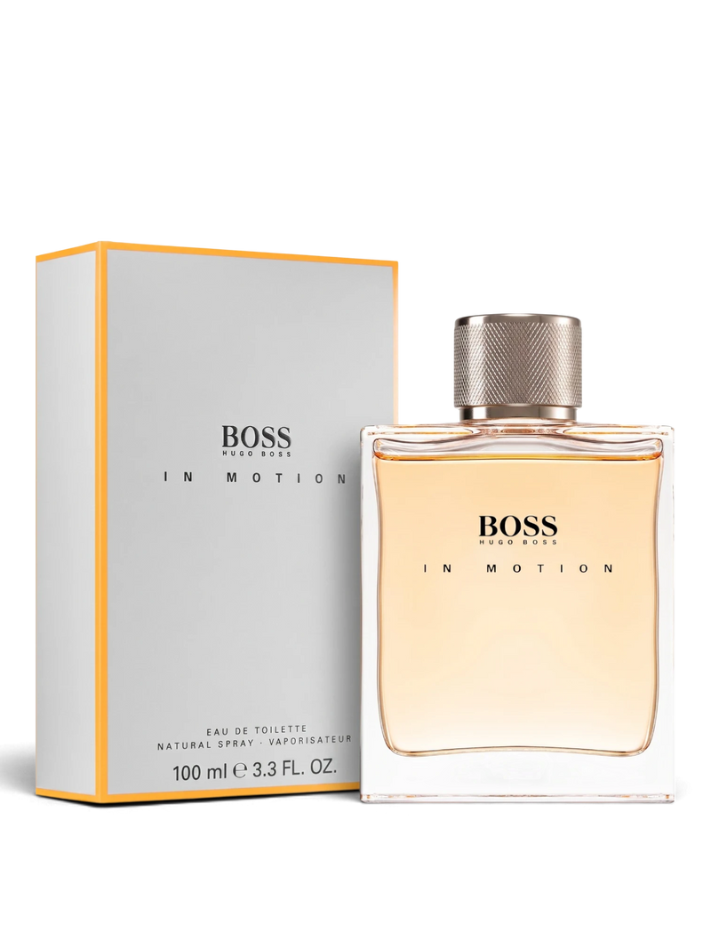 euaden HUGO BOSS Boss in Motion 100 ml erkek parfümü, şık cam şişesi ve turuncu detaylı kutusuyla