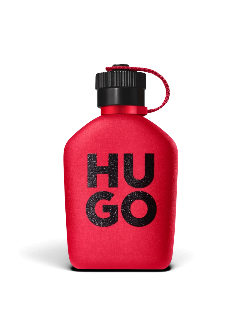 euaden HUGO BOSS Hugo Intense Parfum, üzerinde siyah HUGO yazısı bulunan ikonik kırmızı mat şişeli erkek parfümü