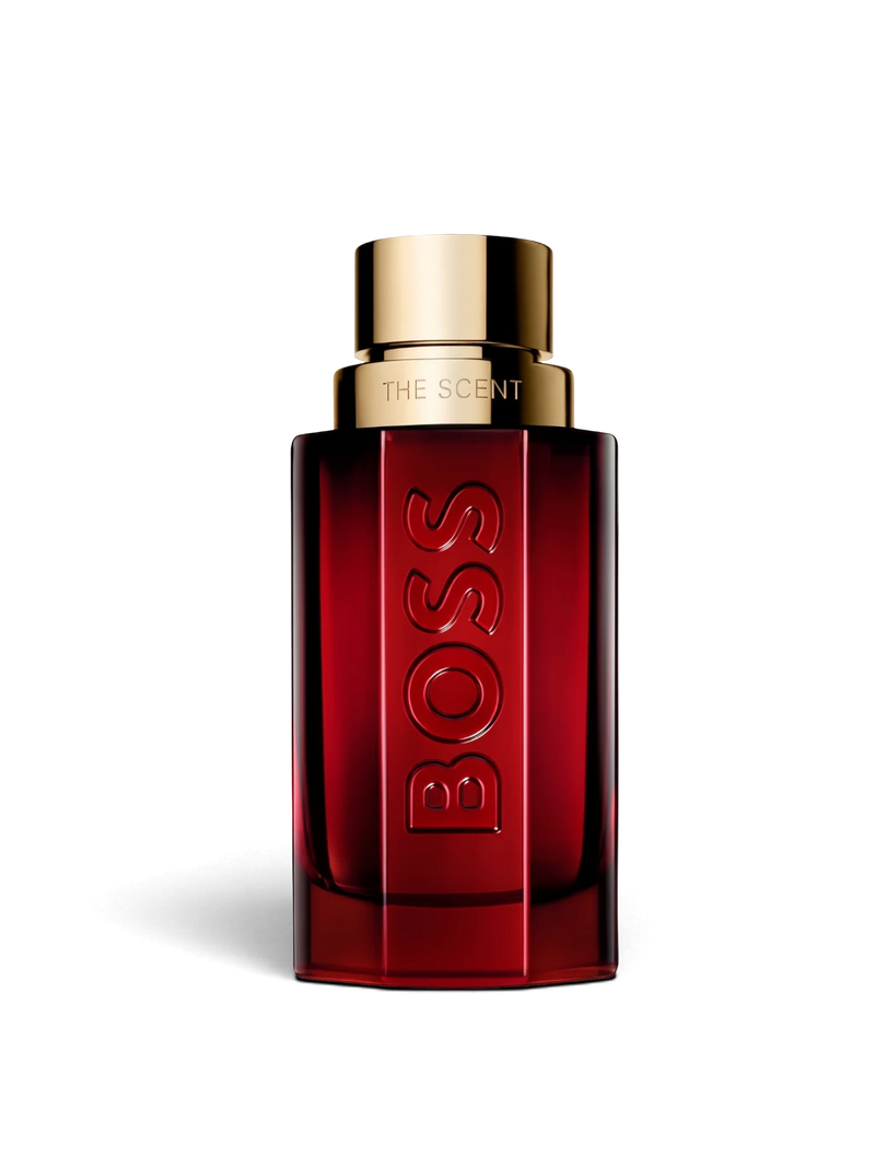 euaden HUGO BOSS Boss The Scent Elixir erkek parfümü, altın kapaklı şık kırmızı cam şişe tasarımı