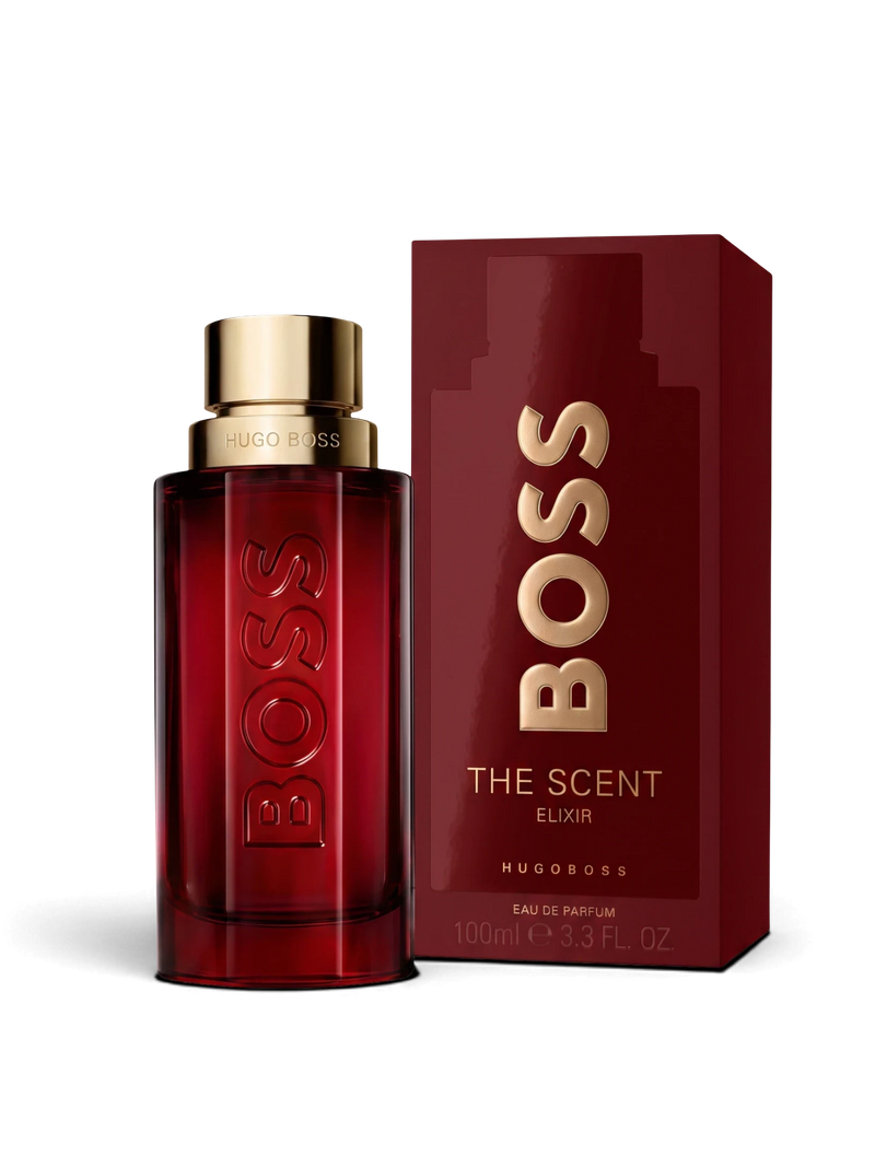 euaden Hugo Boss The Scent Elixir erkek parfümü, derin kırmızı cam şişesi ve altın detaylı kutusuyla lüks bir görünüm sunar.