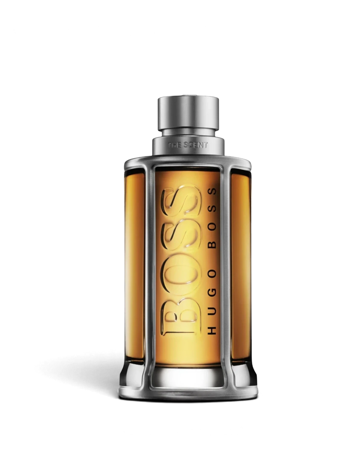 euaden HUGO BOSS Boss The Scent erkek parfümü, kehribar rengi cam şişesi ve metalik kafes tasarımıyla