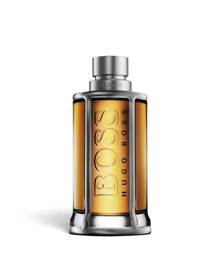 euaden HUGO BOSS Boss The Scent erkek parfümü, kehribar rengi cam şişesi ve metalik kafes tasarımıyla