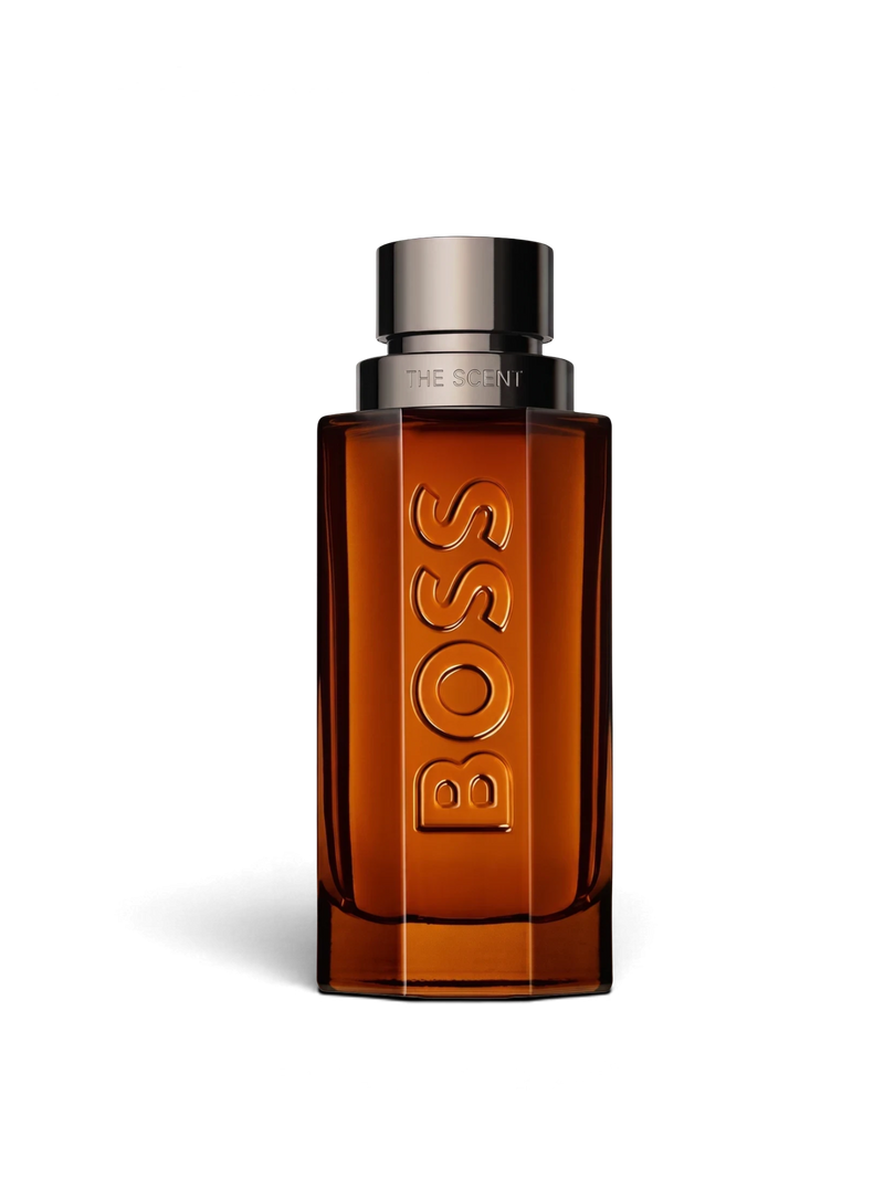 euaden HUGO BOSS Boss The Scent Intense erkek parfümü, kehribar rengi cam şişesi ve metalik kapak tasarımıyla.