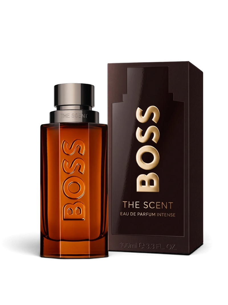 euaden HUGO BOSS Boss The Scent Intense erkek parfümü, kehribar renkli cam şişesi ve şık kutusuyla