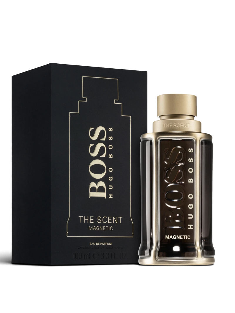 euaden HUGO BOSS Boss The Scent Magnetic erkek parfümü, siyah ve altın renkli şık şişesi ve kutusuyla