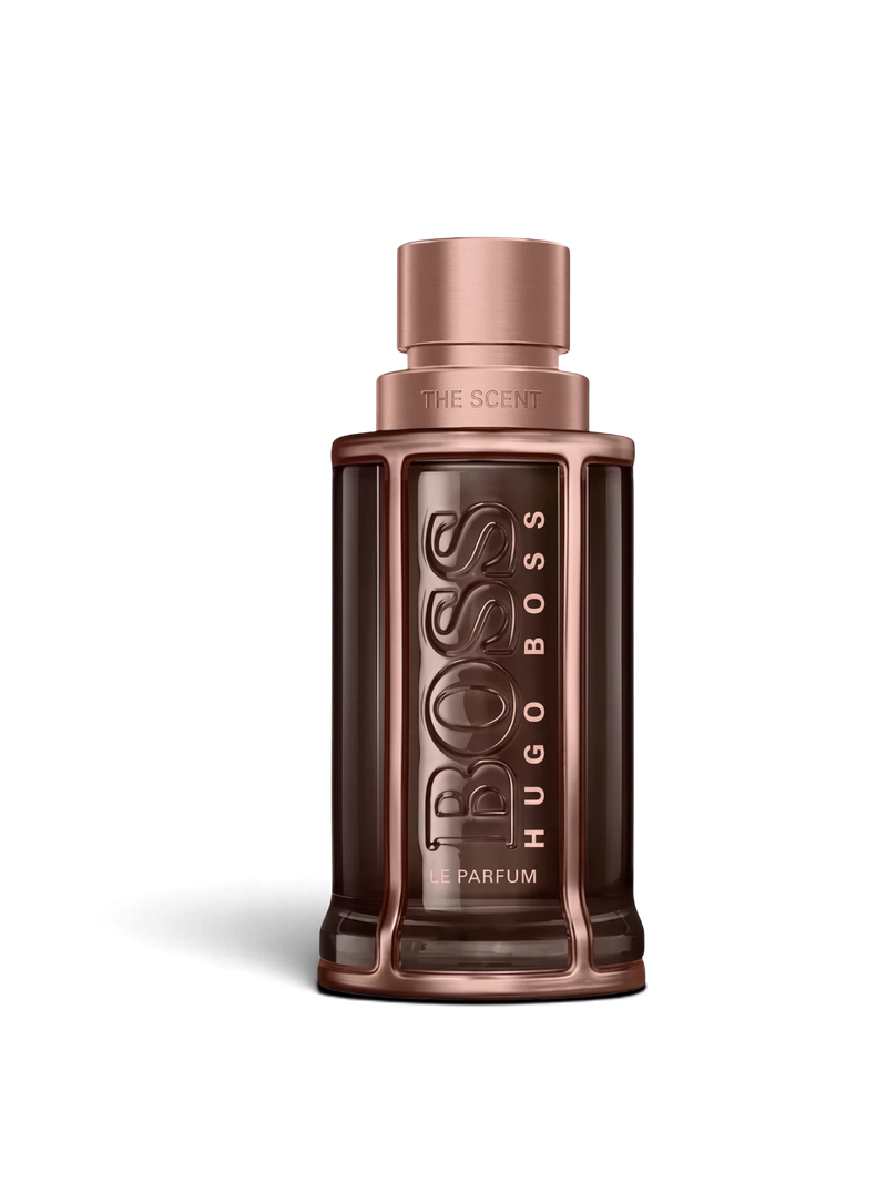 euaden HUGO BOSS Boss The Scent erkek parfümü, bronz metalik detaylı şık ve koyu renkli cam şişe tasarımı