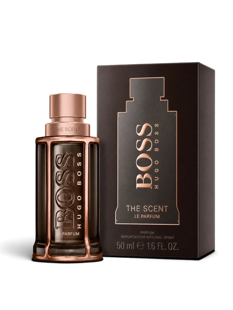 euaden HUGO BOSS Boss The Scent erkek parfümü, şık koyu kahverengi cam şişesi ve bronz metal detaylarıyla kutusunda.