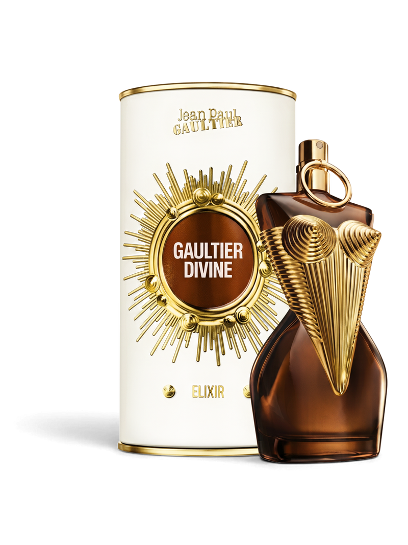 euaden Jean Paul Gaultier Divine Le Elixir kadın parfümü, altın detaylı ikonik şişesi ve özel kutusu ile