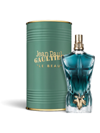 euaden Jean Paul Gaultier Le Beau erkek parfümü, ikonik erkek silüeti şişesi ve yeşil metal kutusu ile