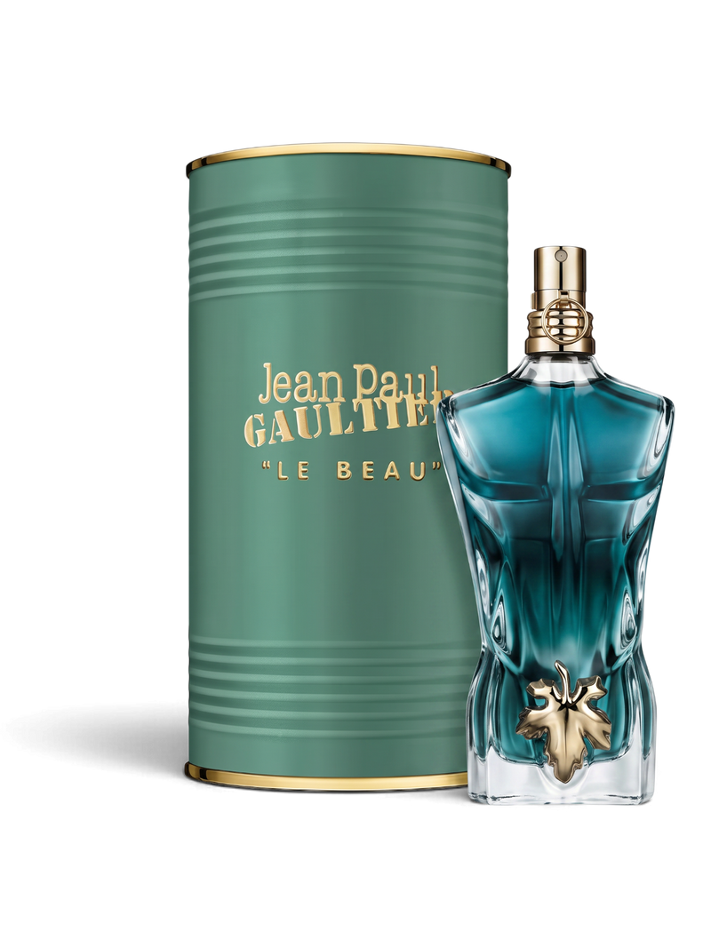 euaden Jean Paul Gaultier Le Beau erkek parfümü, ikonik erkek silüeti şişesi ve yeşil metal kutusu ile