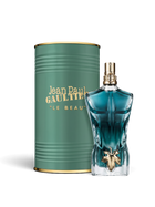 euaden Jean Paul Gaultier Le Beau erkek parfümü, ikonik erkek silüeti şişesi ve yeşil metal kutusu ile