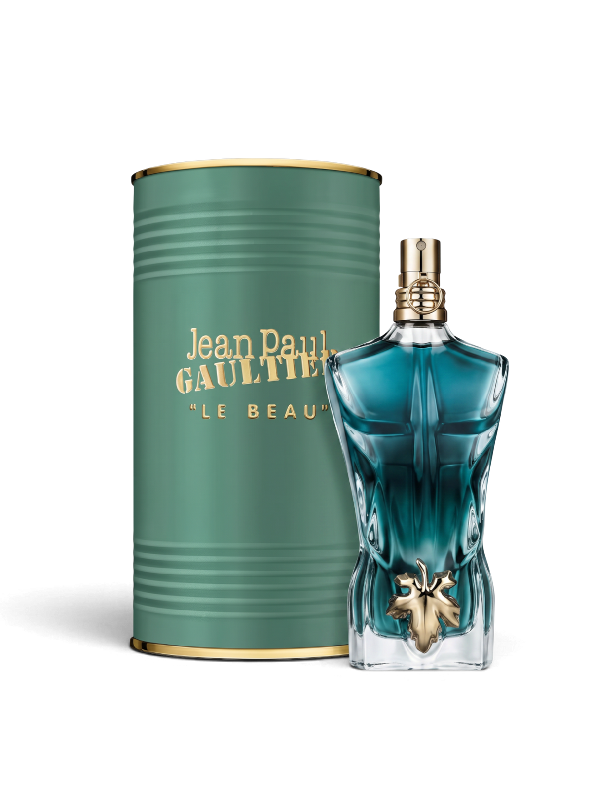 euaden Jean Paul Gaultier Le Beau erkek parfümü, ikonik erkek silüeti şişesi ve yeşil metal kutusu ile
